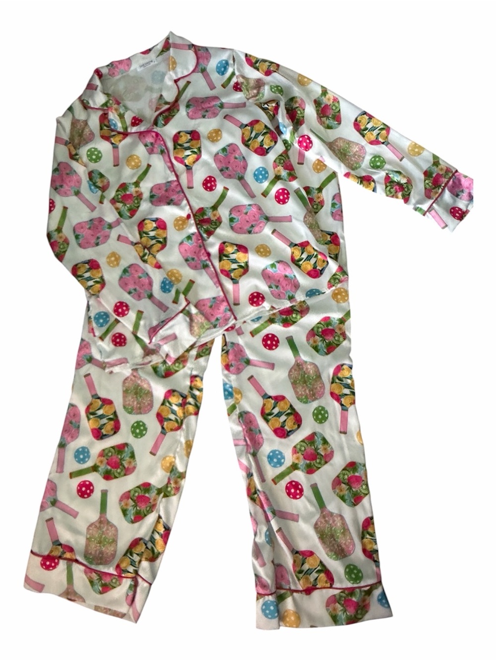Women’s Size Medium SheShow White Pickleball Print Satin Lounge Pajama Set